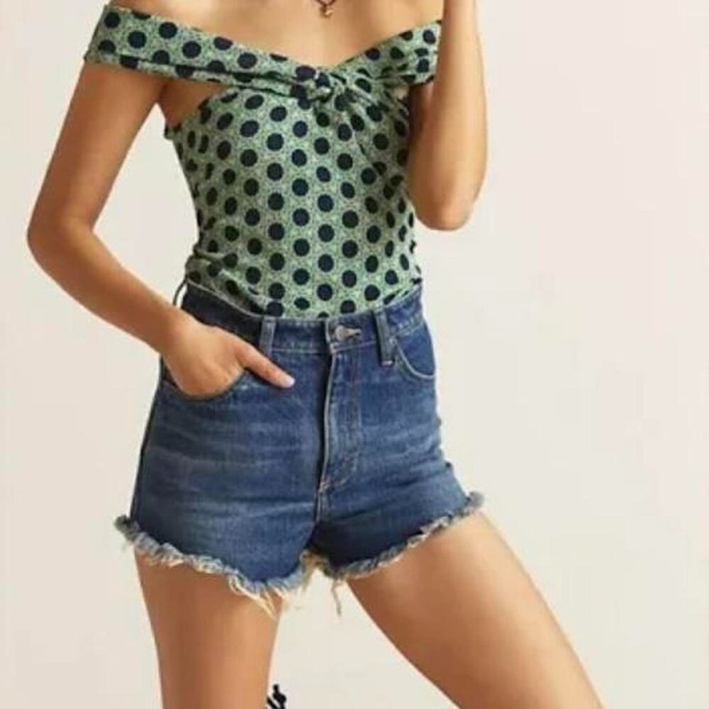 Off-The-Shoulder top Summer blouse blue green sexy beautiful Anthro XL